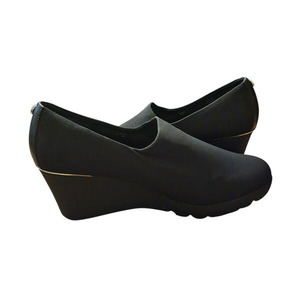 Donald Pliner Maddy Wedges 9M Block Heel Crepe Elastic Baby Calf Stretchy - Picture 5 of 10